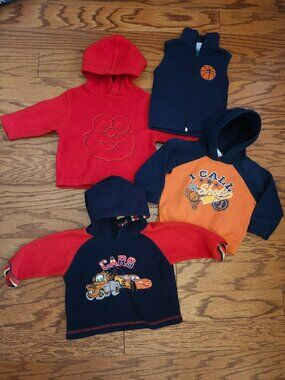 Baby 12 Month Boys Lot Of 3 Hoodies, One Vest, Disney Elmo, Cars, Sports, Cali.